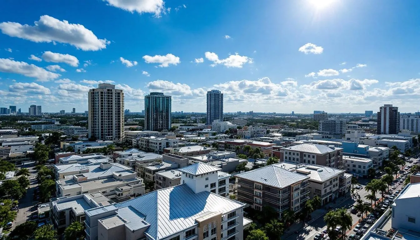 In the image, a vibrant Miami skyline is depicted with various buildings showcasing sleek metal roofs, highlighting the dominance of metal roofing in the area. The scene emphasizes the durability and weather resistance of metal roof panels, making them a preferred choice for homeowners and businesses in Miami's unique climate.