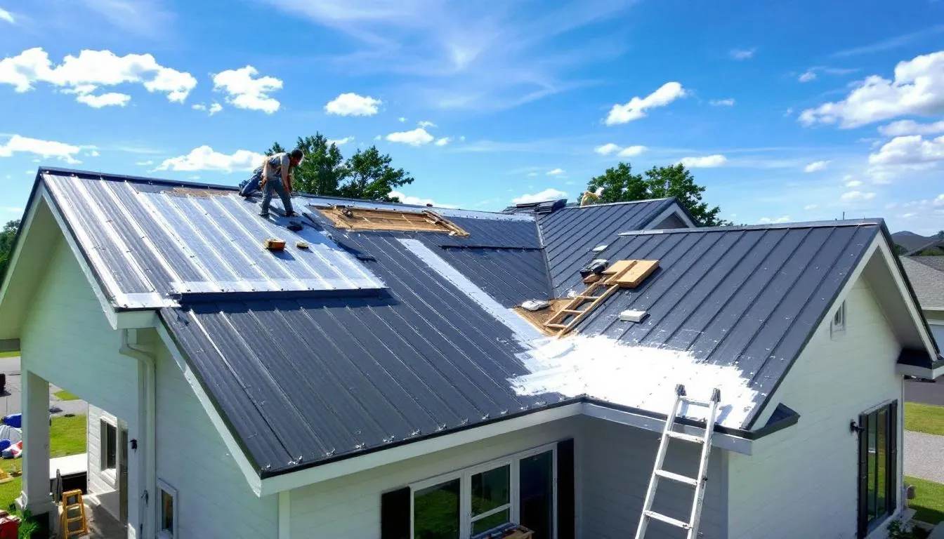 A team of professionals is installing a new metal roof on a residential home, showcasing high-quality metal roofing panels that promise durability and weather resistance. This roofing project emphasizes energy efficiency and is part of the exceptional roofing solutions offered by a Miami metal roofing company.
