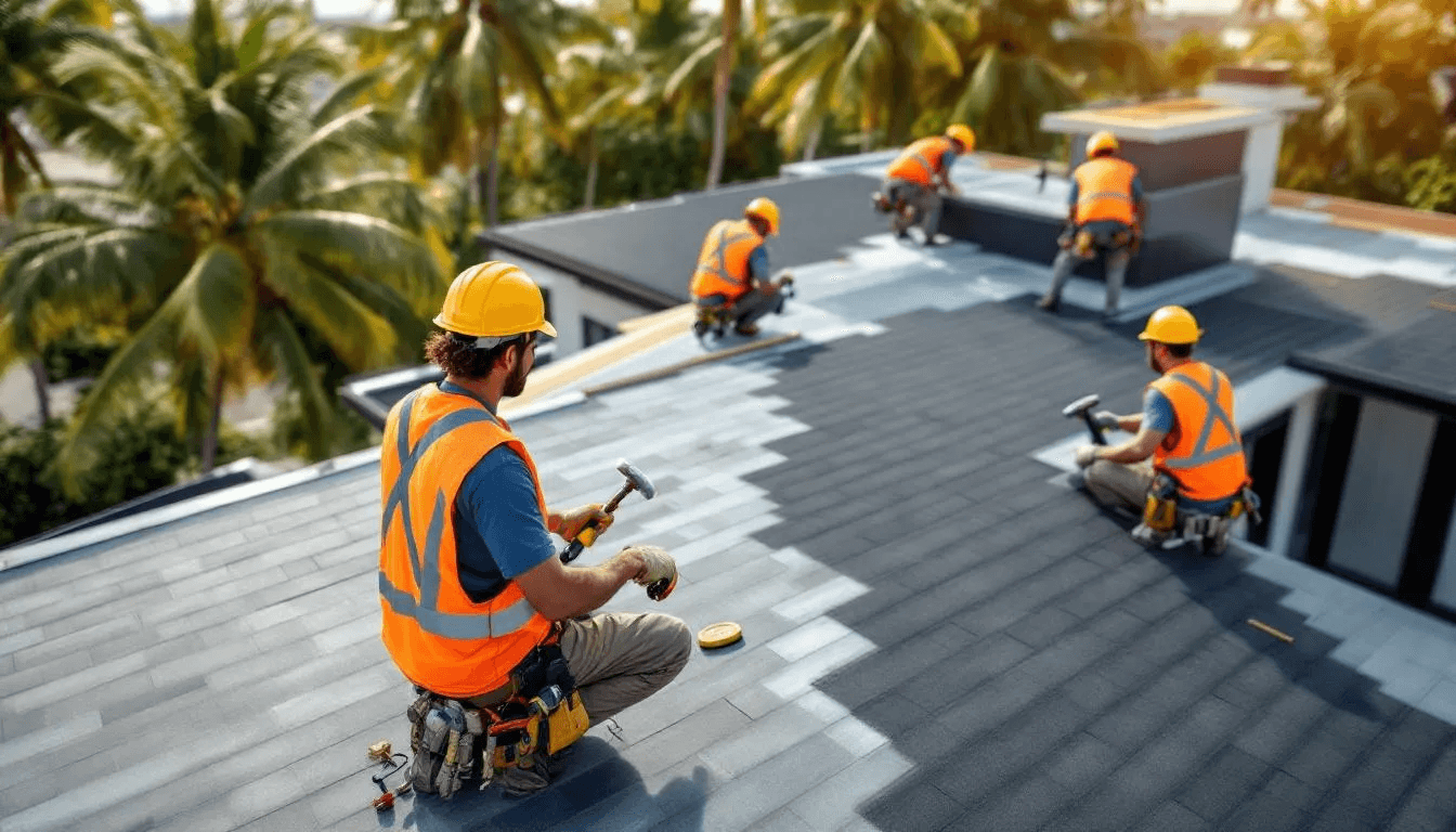 In the image, a team of skilled roofing contractors from Miami is seen working on a residential roofing project, showcasing their expertise in roof repair and replacement. The contractors are using high-quality materials and demonstrating clear communication as they ensure the safety and durability of the roofing systems for their clients in South Florida.