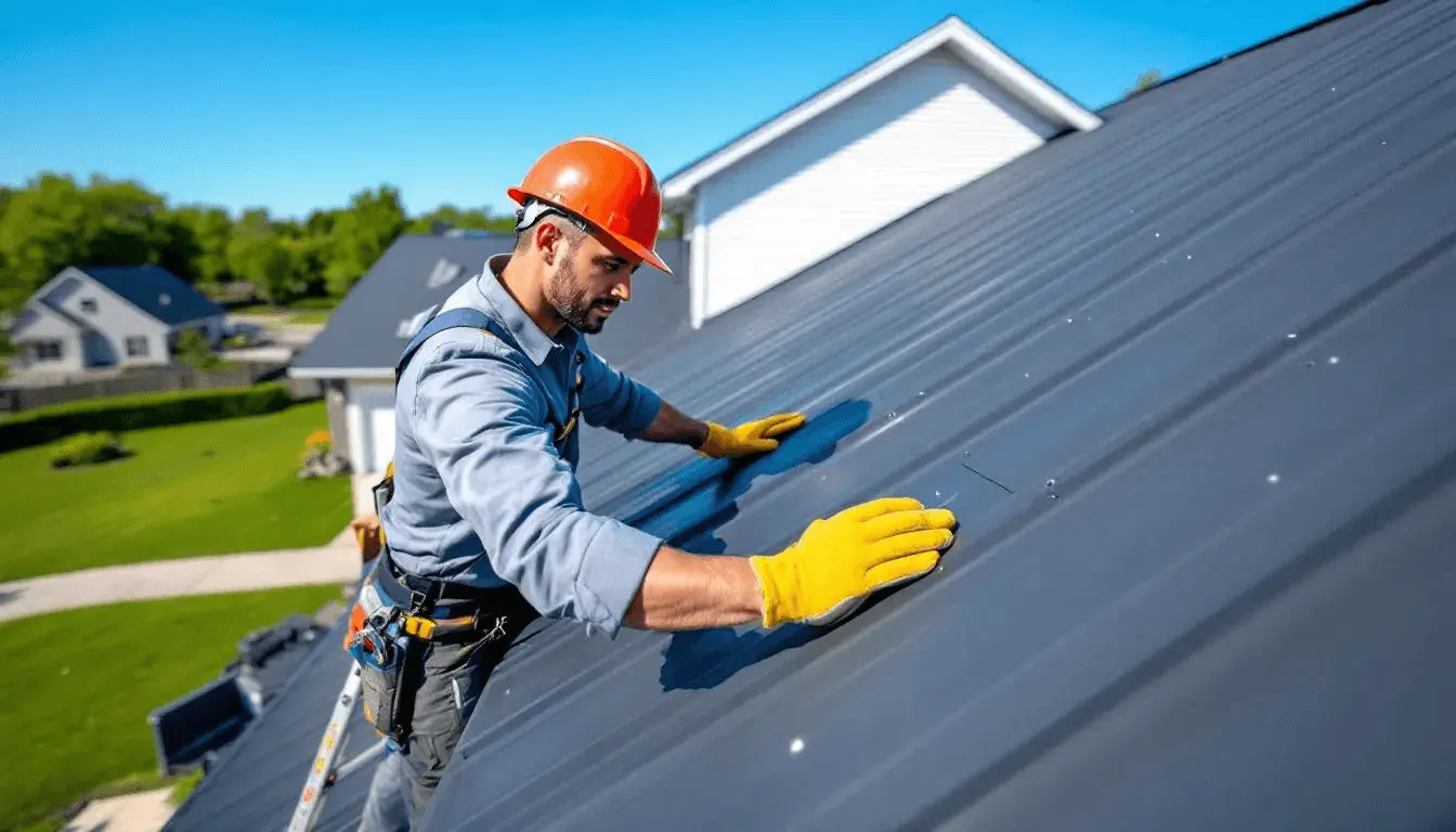 The image showcases a professional team of roofing contractors working on a new metal roof installation, highlighting the use of high-quality metal roofing panels designed for durability and weather resistance in Miami's tropical climate. The scene emphasizes the exceptional roofing solutions offered by the Miami metal roofing company, ensuring customer satisfaction with energy-efficient materials.